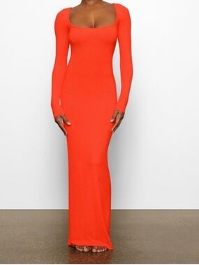 SKIMS Long Sleeve Square-Neck Maxi Dress - Red-Orange